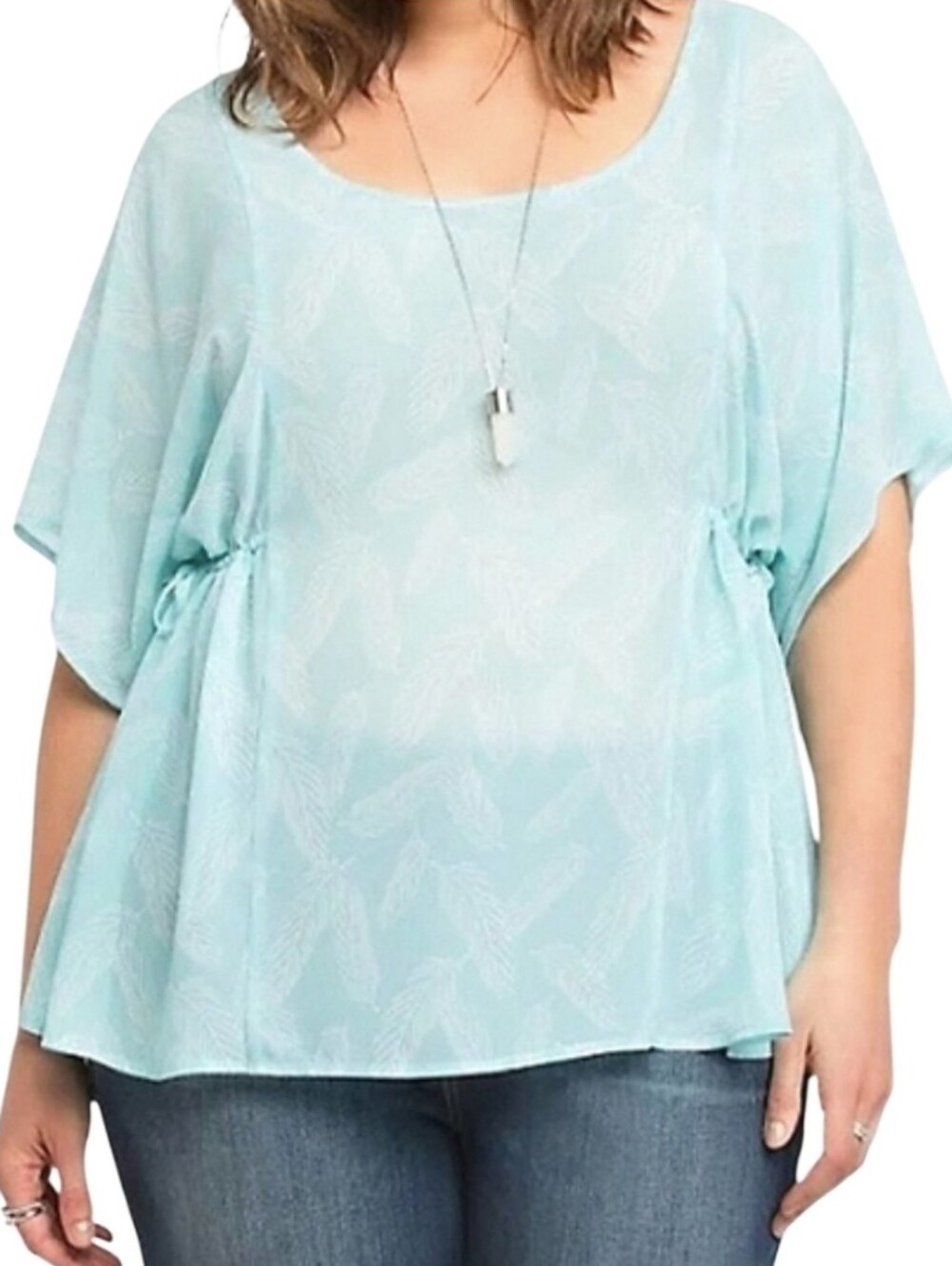 Torrid Feather Print Side Cinch Chiffon Top Lightweight Sheer Aqua Whimsical 3X